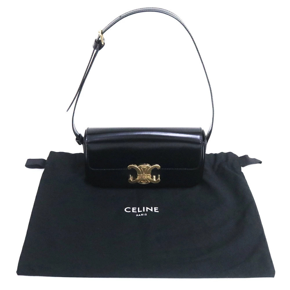 Celine Shiny Handbag Black Calfskin Leather Shoulder Triomphe Lambskin Claude